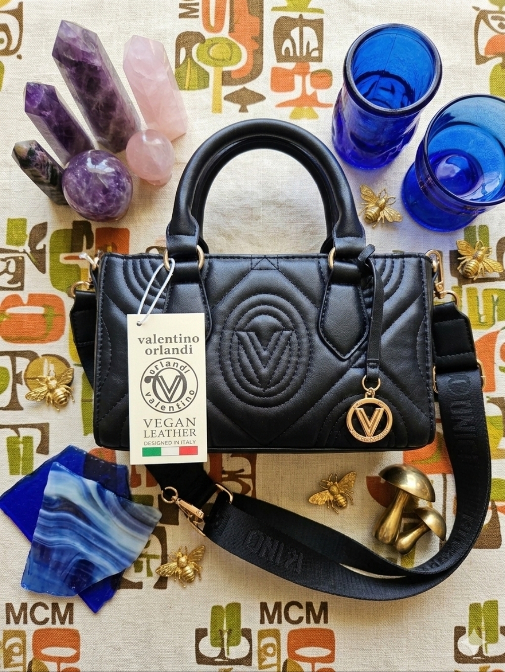 NWT Valentino Orlandi Black Quilted Vegan Leather Satchel Crossbody
